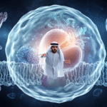 A cinematic educational scene featuring a biology_teacher who has magically shrunk and entered a human animal cell The scene shows the teacher traveling through the cell membrane, moving past organel